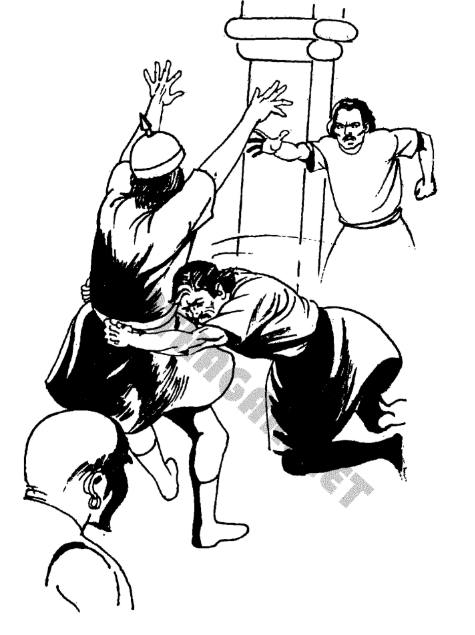 A black and white drawing of two men fighting  AI-generated content may be incorrect.