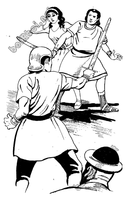 A black and white drawing of a person holding a sword  AI-generated content may be incorrect.