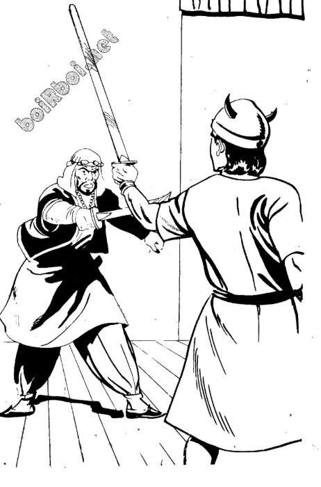 A black and white of a person fighting with a sword  AI-generated content may be incorrect.