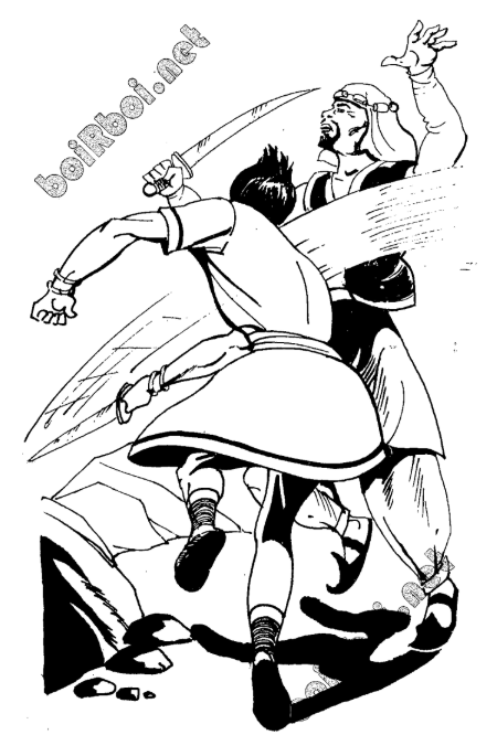 A black and white drawing of two people fighting with a sword  AI-generated content may be incorrect.