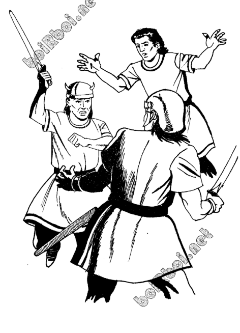 A black and white drawing of men fighting with swords  AI-generated content may be incorrect.
