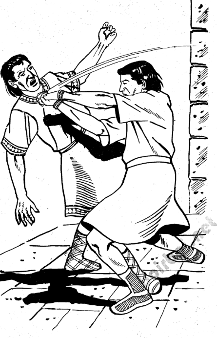 A black and white drawing of a person fighting with a sword  AI-generated content may be incorrect.