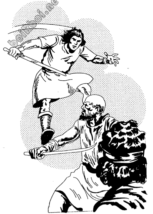 A black and white drawing of a person holding a sword  AI-generated content may be incorrect.