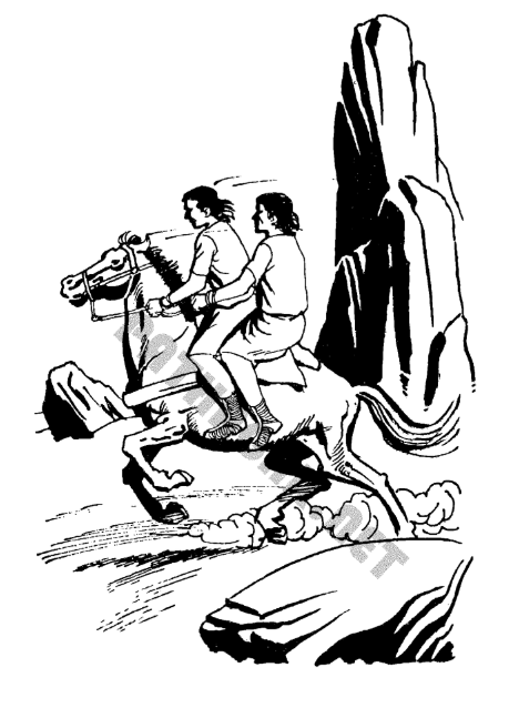 A black and white drawing of two men riding a horse  AI-generated content may be incorrect.