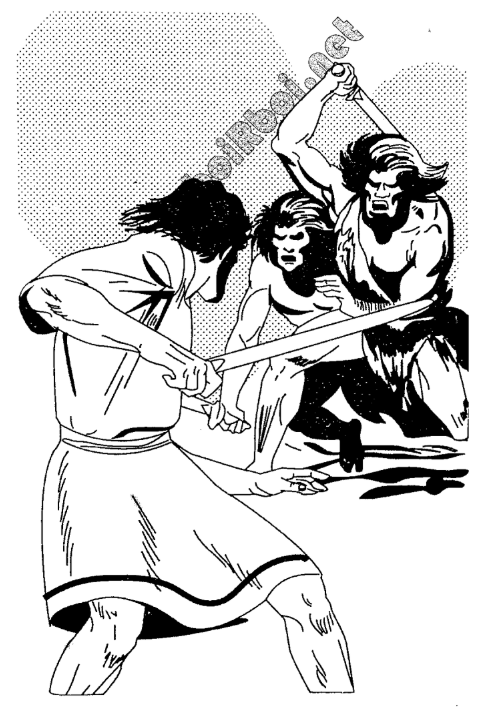 A black and white drawing of men fighting with swords  AI-generated content may be incorrect.
