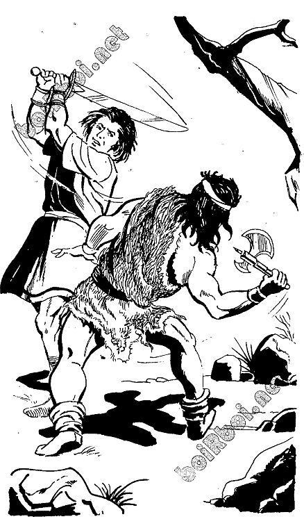 A black and white drawing of a person fighting with a sword  AI-generated content may be incorrect.