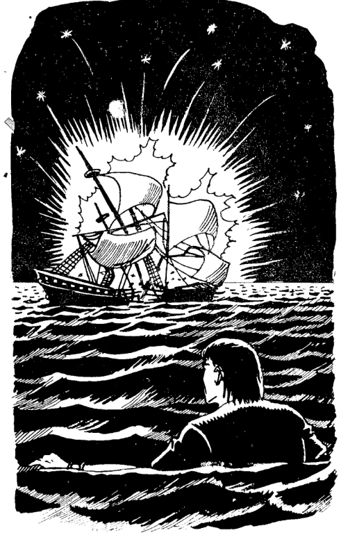 A black and white illustration of a person looking at a ship in the water  AI-generated content may be incorrect.