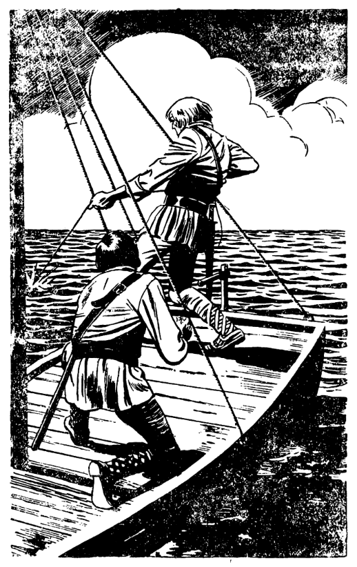 A black and white of two men on a boat  AI-generated content may be incorrect.
