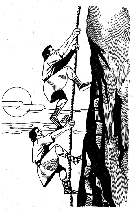 A black and white drawing of men climbing a cliff  AI-generated content may be incorrect.