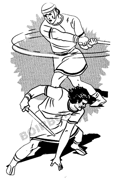 A black and white drawing of men with swords  AI-generated content may be incorrect.